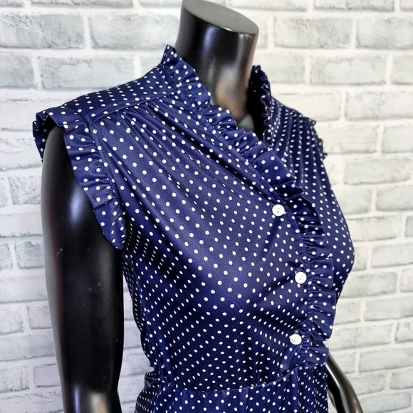 Vintage 70s Avon Fashion S Navy White Polka Dot Ruffle Sleeveless Sheath Dress - Picture 7 of 10